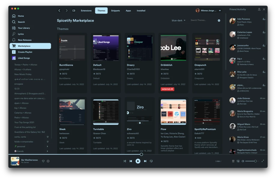 The Spicetify store, where themes, extensions and apps are browsed and installed inside Spotify
